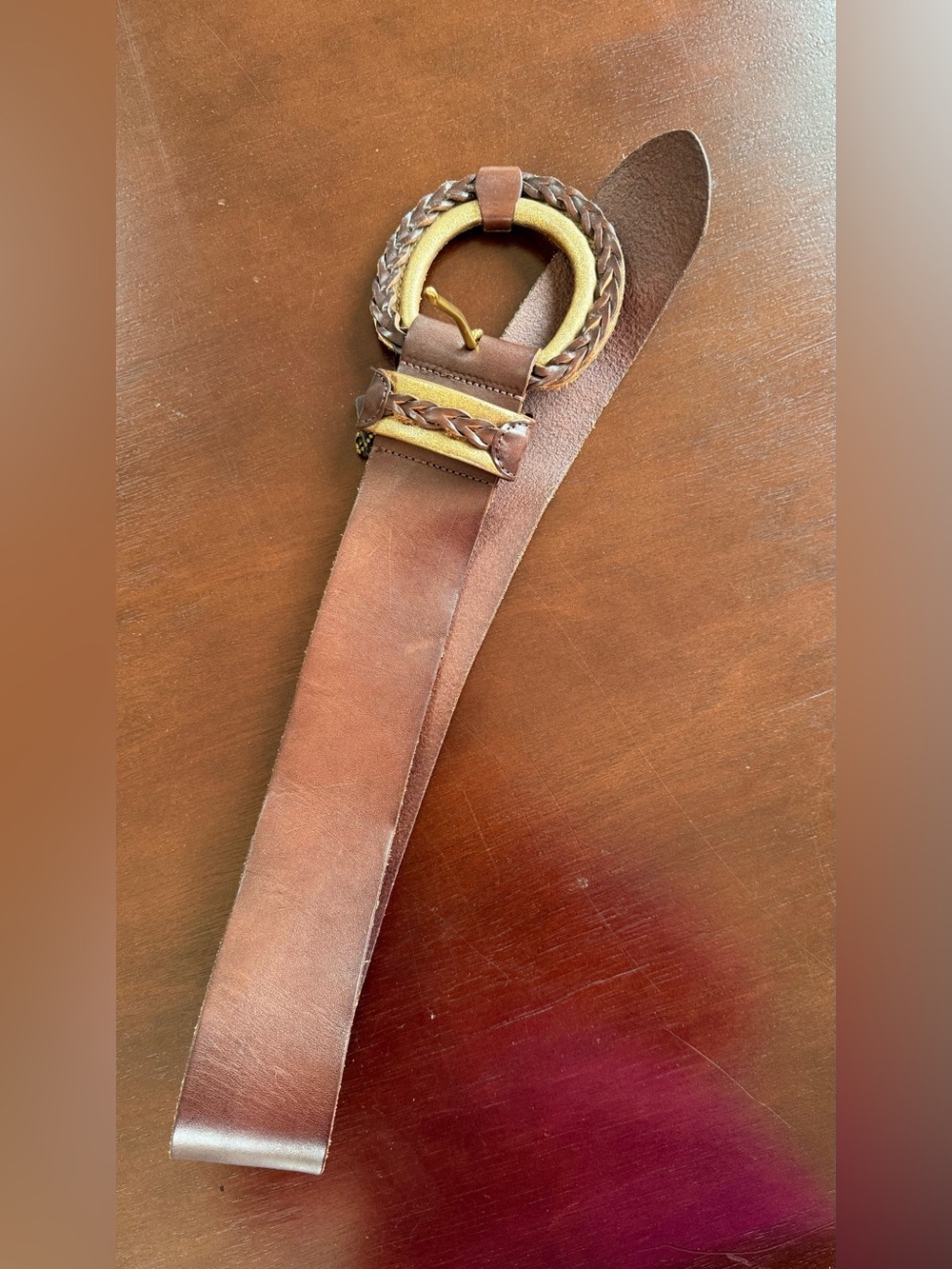 Linea Pelle Brown Braided Leather Belt with Gold-Tone Round Buckle